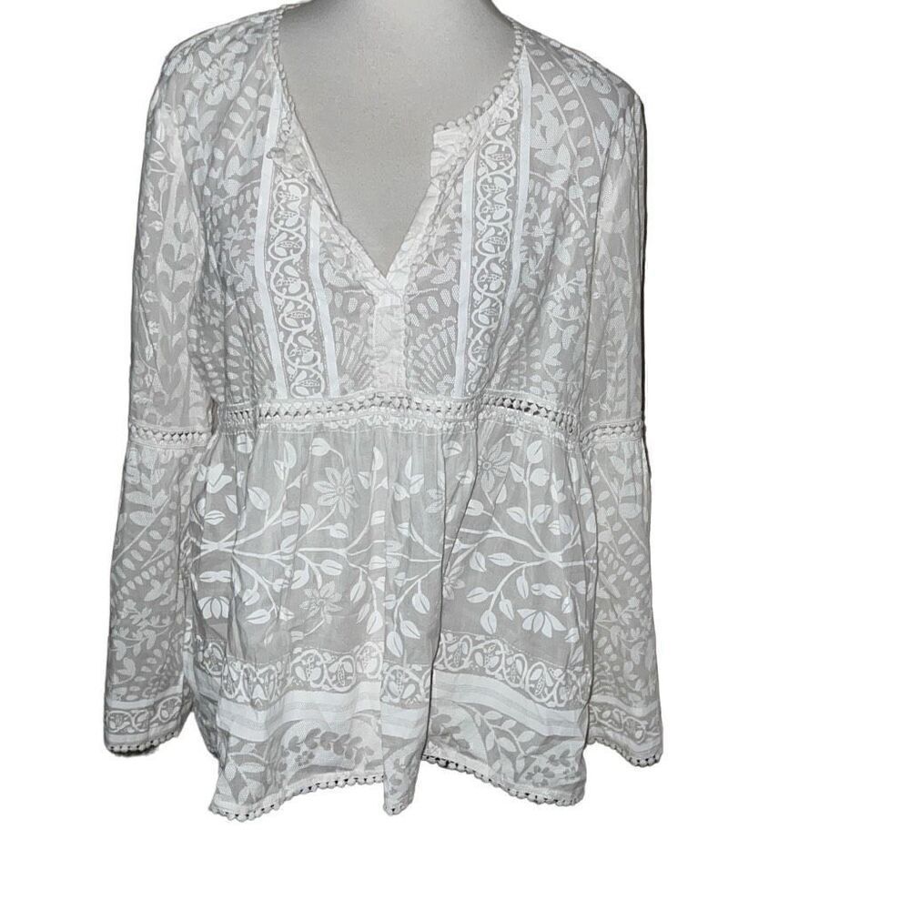 Lola Australia Long Sleeve Boho Eyelet Trim Floral Top White Cream Sz L Large